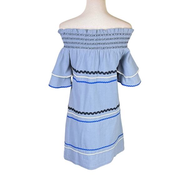 Mud Pie NWT Finnigan Blue Smocked Off the Shoulder Ric Rac MIni Dress Coastal - Picture 3 of 11